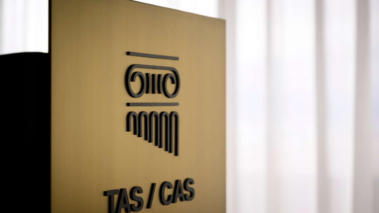FILE - A TAS/CAS logo is pictured during the inauguration of the new headquarters of the international Court of Arbitration for Sport, CAS, at the Palais de Beaulieu in Lausanne, Switzerland, Monday, June 27, 2022.