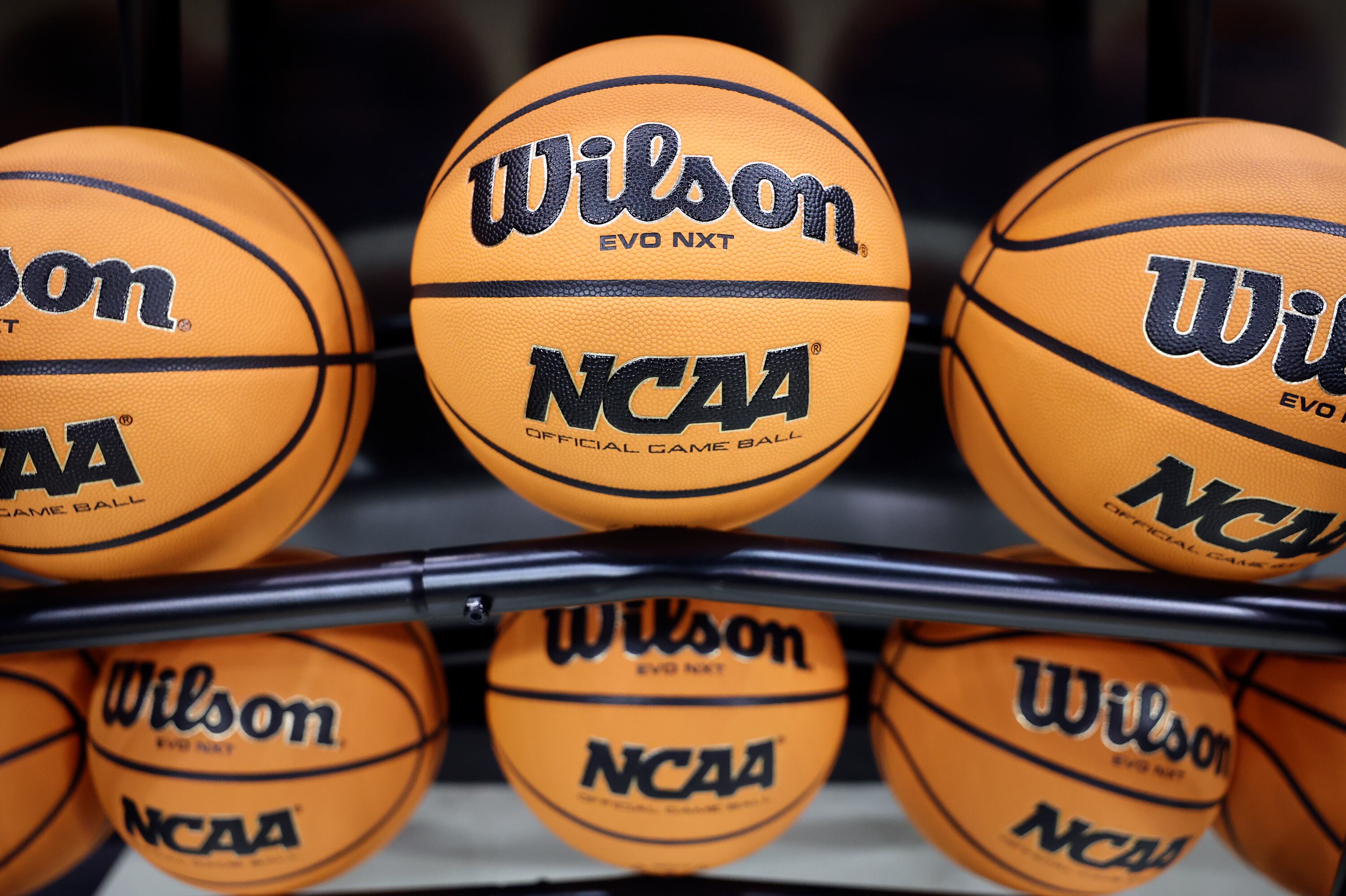NCAA basketballs are pictured at the Prudential Center in Newark, N.J., on March 26, 2025.