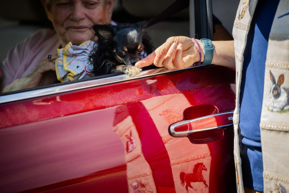 Pastor Sarah Merchant, right, blesses Pat Bell’s dog Minnie, left, during a Blessing of the Animals in conjunction with the celebration of the Hilltop United Methodist Church’s 125th anniversary at Hilltop United Methodist Church in Sandy on Saturday.
