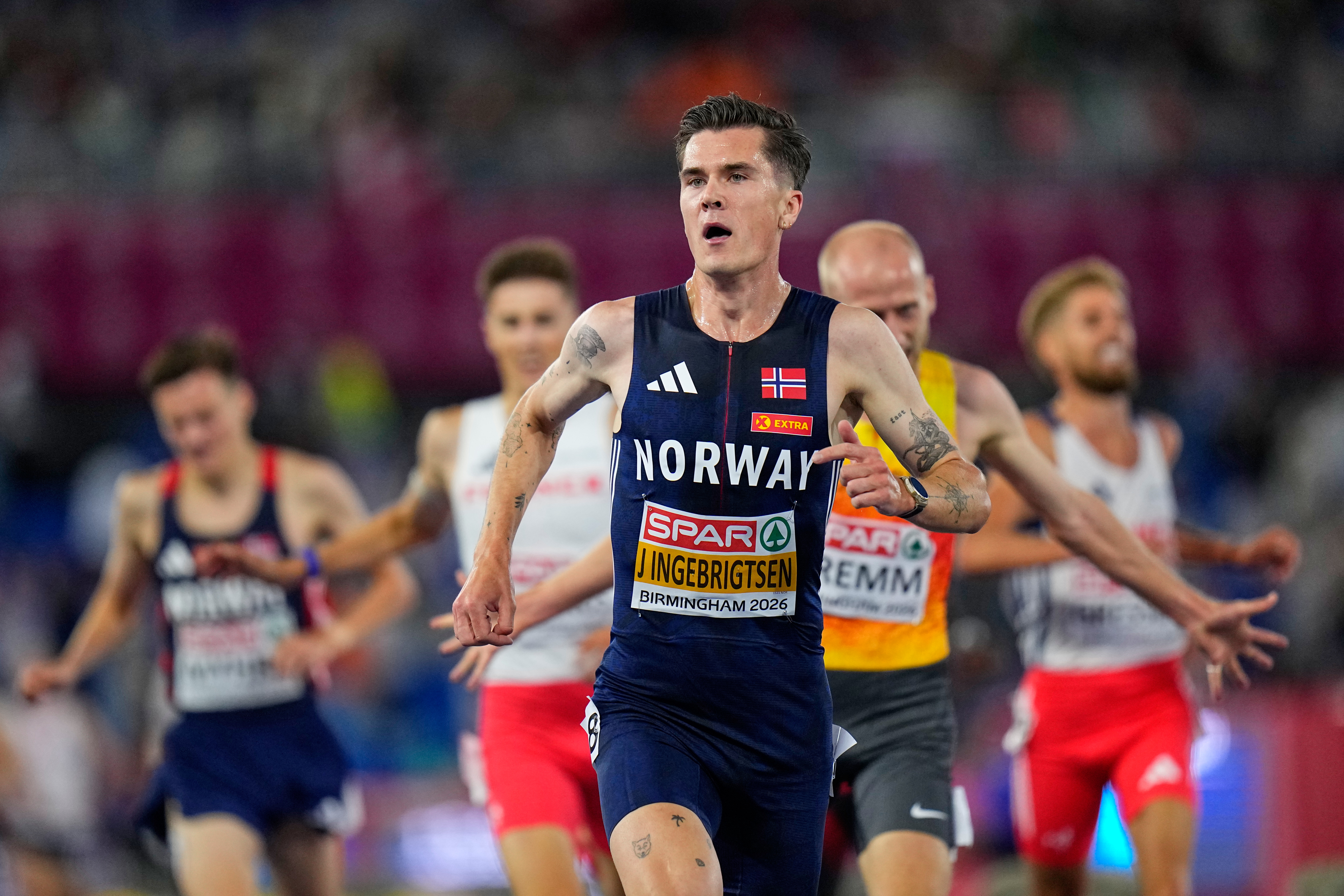 Norway's Jakob Ingebrigtsen races to win the gold medal in the men's 5,000 meters final at the European Athletics Championships in Birmingham, England, Sunday, Aug. 9, 2026. 
