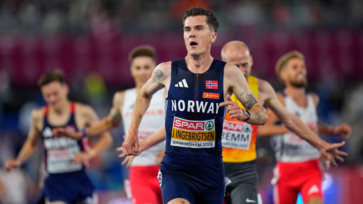 Norway's Jakob Ingebrigtsen races to win the gold medal in the men's 5,000 meters final at the European Athletics Championships in Birmingham, England, Sunday, Aug. 9, 2026.