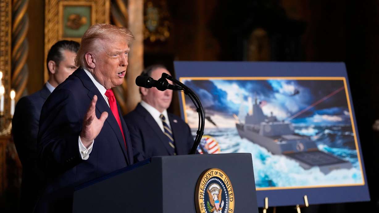President Donald Trump speaks at his Mar-a-Lago club, Dec. 22, 2025, in Palm Beach, Fla. Trump announced plans to build a new fleet of Navy warships — dubbed "Trump-class battleships."