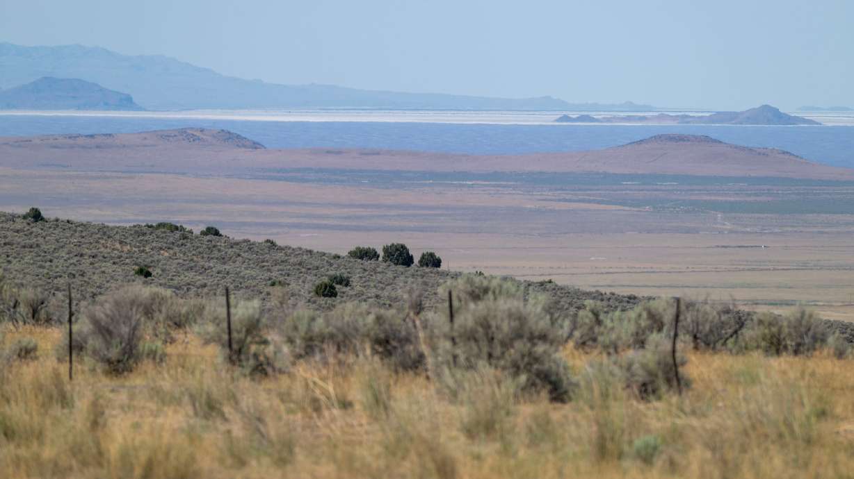 An image looking south toward the Great Salt Lake while media and other interested parties take a tour of the Hansel Valley and surrounding areas near the proposed data center in Box Elder County on July 13. The project is facing mounting public scrutiny over its unprecedented scale, fast-tracked approval process and unknown impacts.