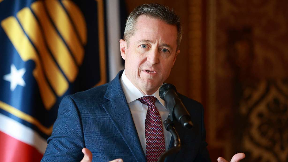 Utah Attorney General Derek Brown speaks at the Capitol in Salt Lake City on Sept. 3, 2025. Brown said a major bill seeking to regulate college sports in Congress could override state restrictions on transgender athletes.