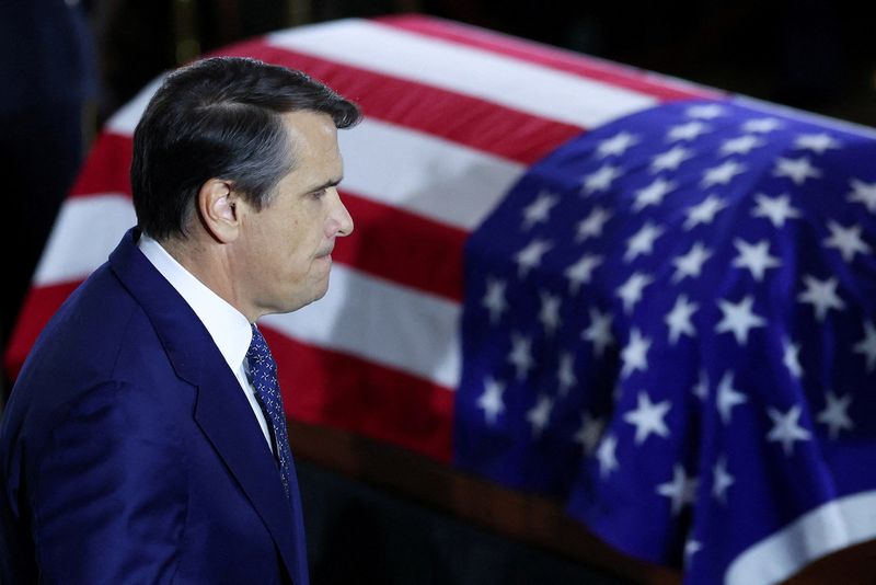 Acting Attorney General Todd Blanche pays his respects during a memorial tribute for the late U.S. Sen. Lindsey Graham (R-SC) in the Rotunda of the U.S. Capitol on July 28, in Washington, DC.