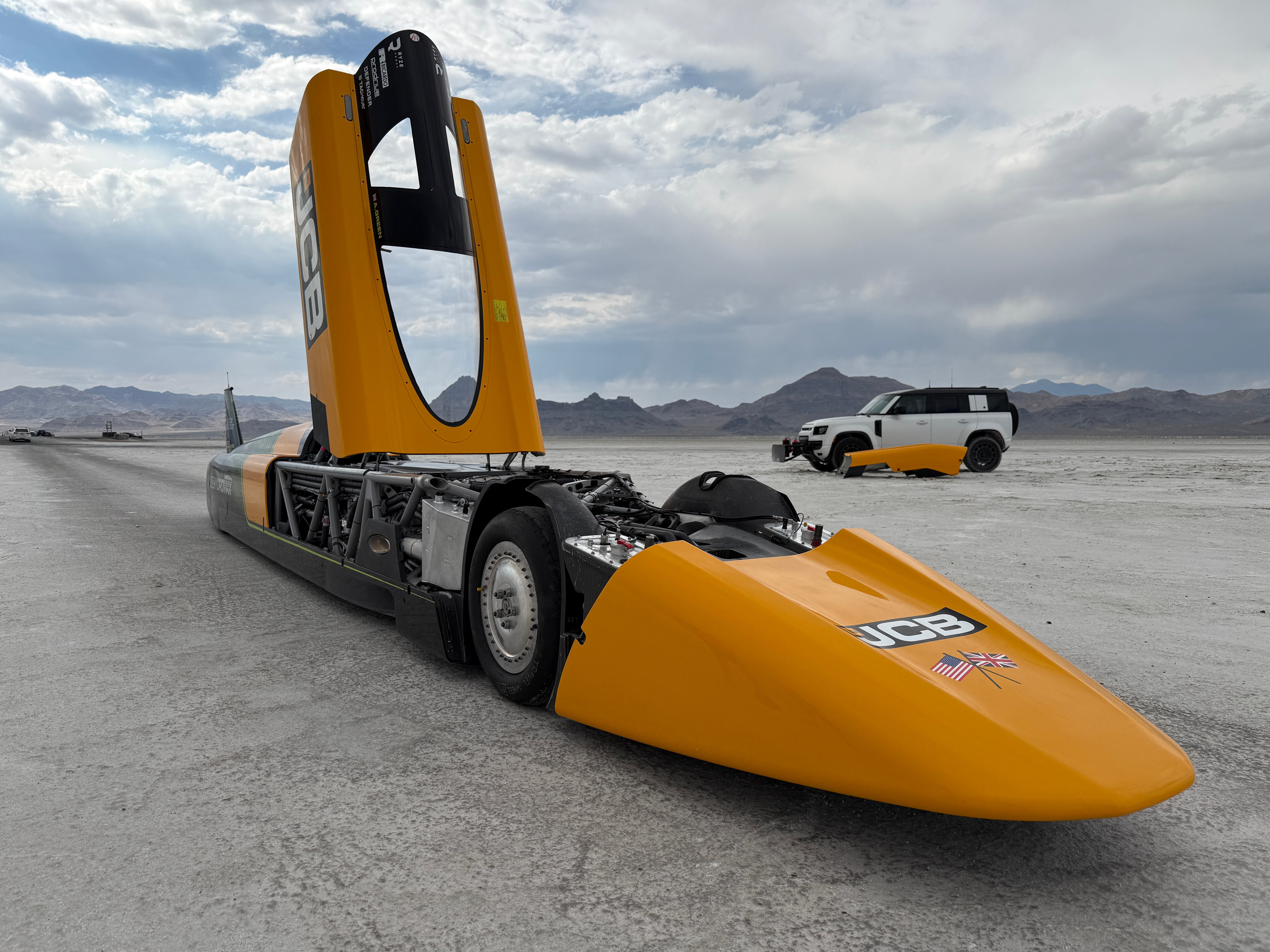 The JCB Hydromax sits on the Bonneville Salt Flats in Wendover, Utah, where Andy Green aims to drive it to a land speed record for cars powered by hydrogen internal combustion engines, Monday, Aug. 10, 2026. 