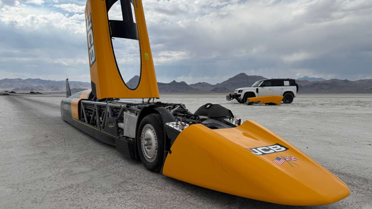 The JCB Hydromax sits on the Bonneville Salt Flats in Wendover, Utah, where Andy Green aims to drive it to a land speed record for cars powered by hydrogen internal combustion engines, Monday, Aug. 10, 2026.