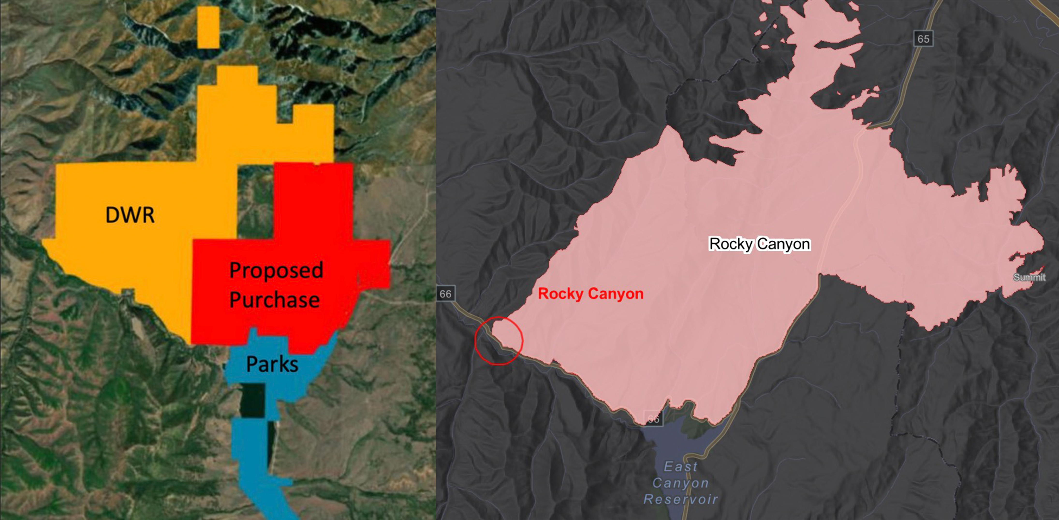 Left, a map of East Canyon Wildlife Management Area, East Canyon State Park and a parcel Utah purchased in 2024. Right, a map of the Rocky Canyon Fire as of Tuesday afternoon. The fire burned many area north of the park, including large pieces of the management area.