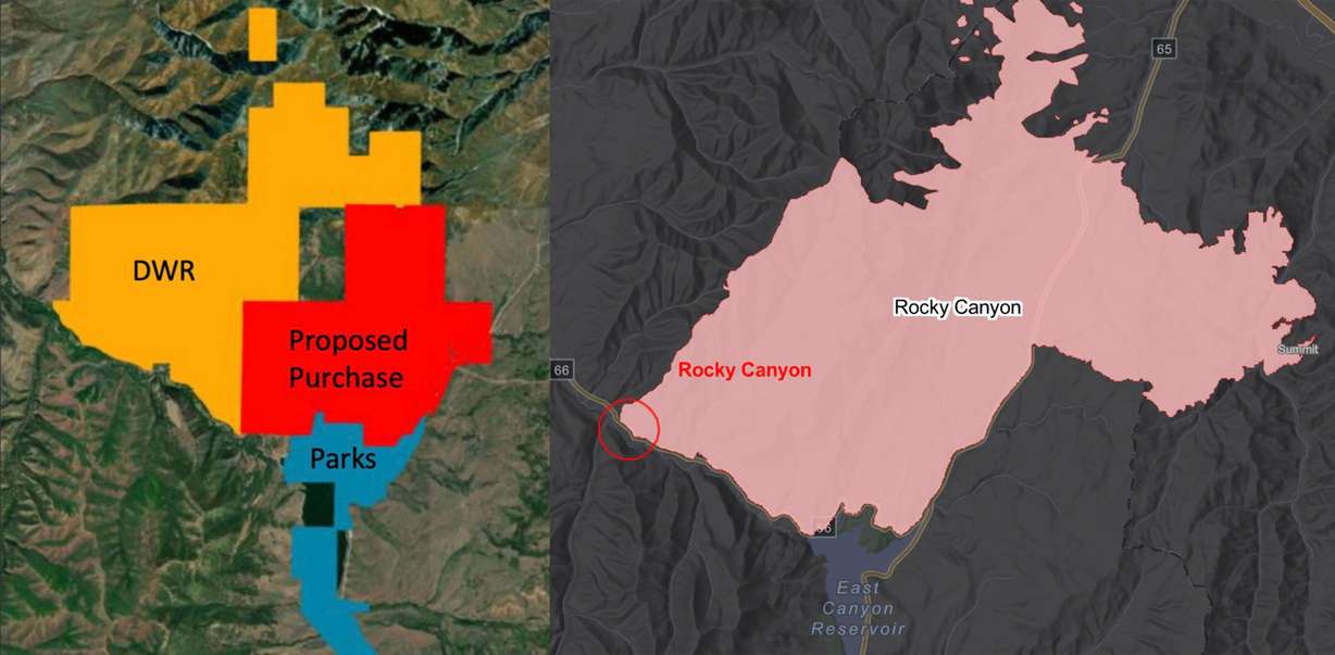 Left, a map of East Canyon Wildlife Management Area, East Canyon State Park and a parcel Utah purchased in 2024. Right, a map of the Rocky Canyon Fire as of Tuesday afternoon. The fire burned many area north of the park, including large pieces of the management area.