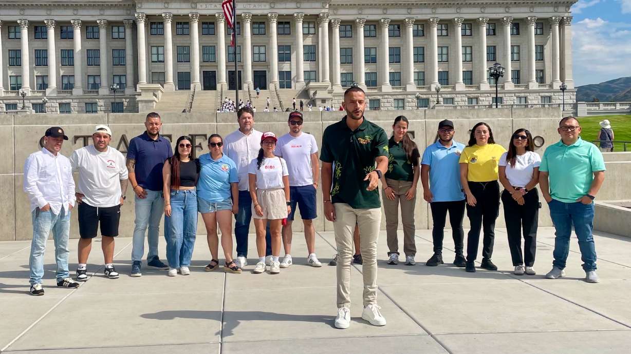 Members of Utah's Colombian community seek donations to help victims of the earthquake that shook Colombia. Sebastian Alvarez is pictured with others at the Utah Capitol in Salt Lake City on Tuesday filming a video to promote the effort.