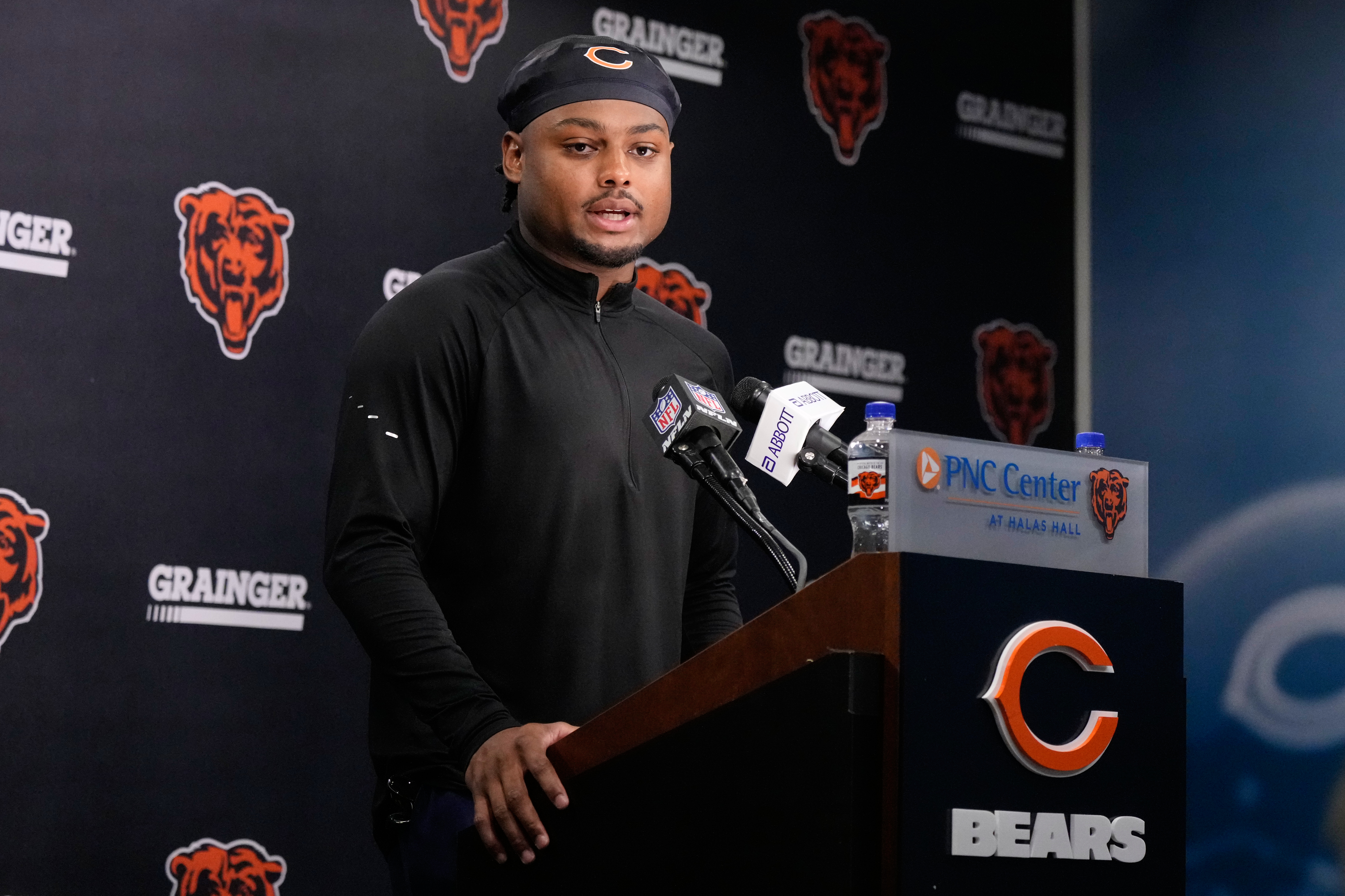 Chicago Bears defensive back Coby Bryant speaks during news conference at the team's NFL football training camp, Wednesday, July 29, 2026, in Lake Forest, Ill. 