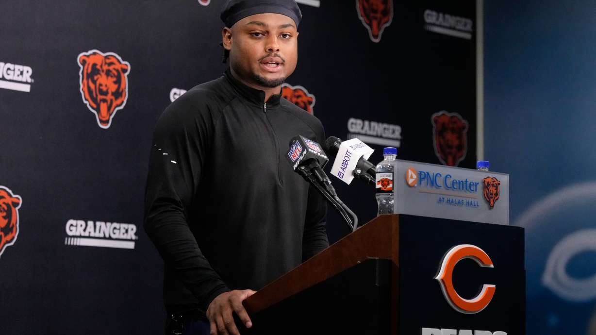 Chicago Bears defensive back Coby Bryant speaks during news conference at the team's NFL football training camp, Wednesday, July 29, 2026, in Lake Forest, Ill.