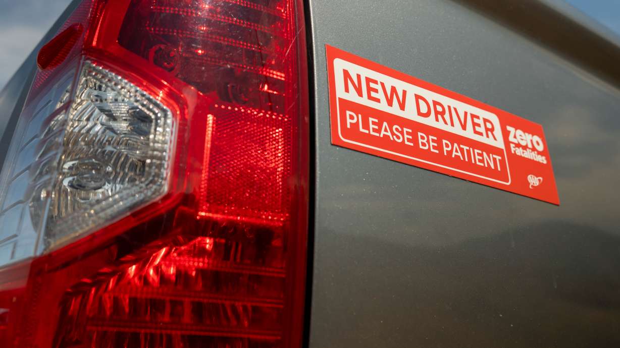 A "Please Be Patient" magnet is pictured on the back of a truck. AAA Utah and Zero Fatalities are launching a new initiative designed to improve safety for teen drivers by encouraging other motorists to show a little more patience on the road.