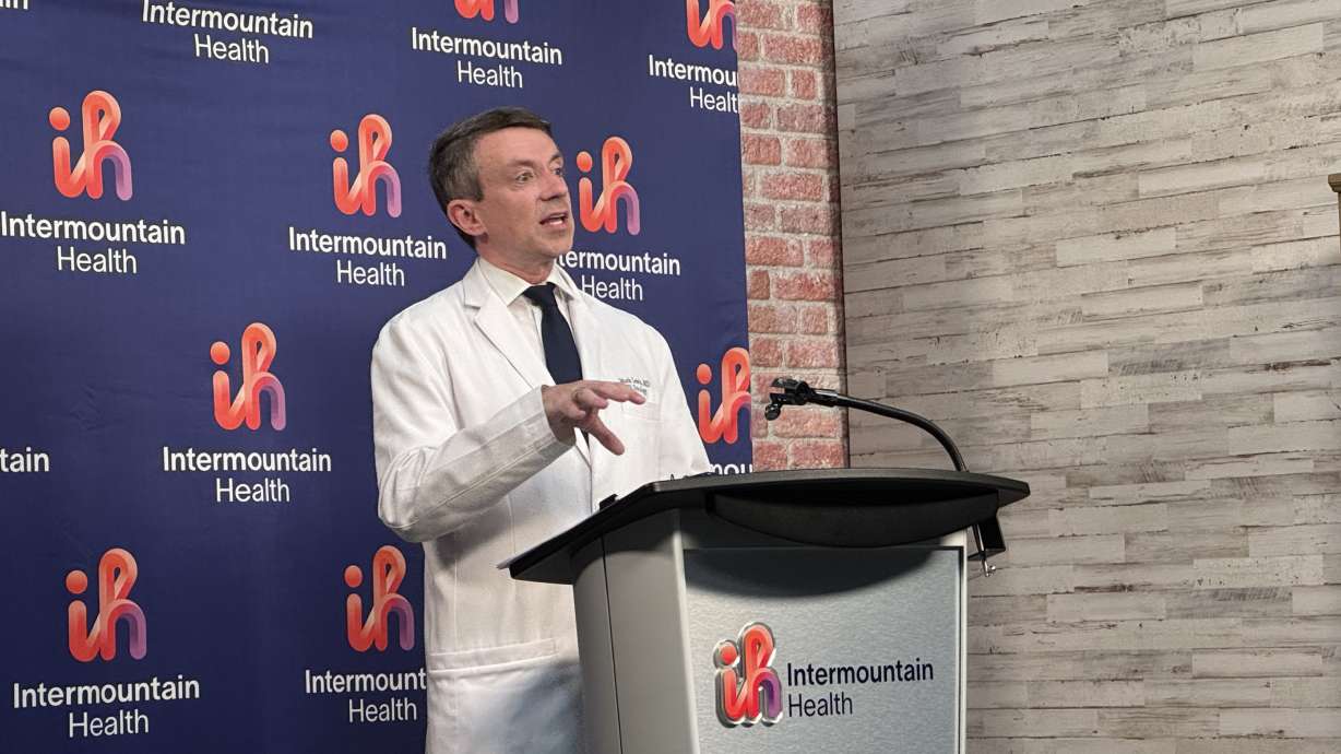 Dr. Mark Lewis, director of gastrointestinal oncology at Intermountain Health, speaks to media about a new drug being provided to treat certain pancreatic cancer patients. Studies show the drug has doubled life expectancy.