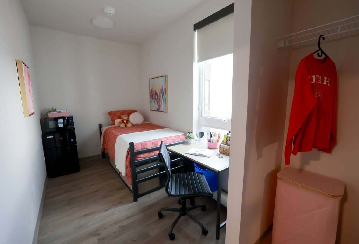 A single cluster dorm room is pictured in Trailhead, the University of Utah’s newest residence hall, in Salt Lake City on Tuesday. The U. this semester will welcome students to the new 1,447-bed residence hall.