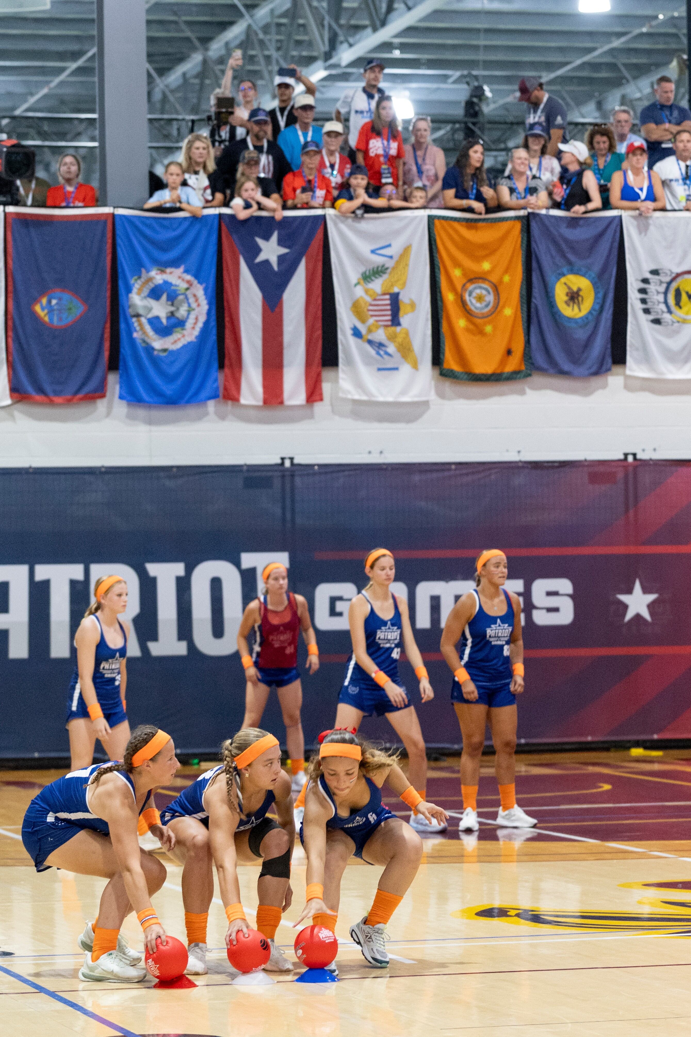 Participants play dodgeball during day one of the Patriot Games, Sunday, in Geneva, Ohio.