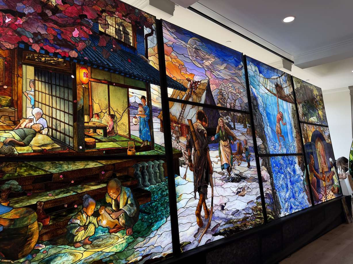 Panels for the Sphere of Light, a stained glass monument that will be built at Ashton Gardens in Lehi, are unveiled at Thanksgiving Point on Tuesday.