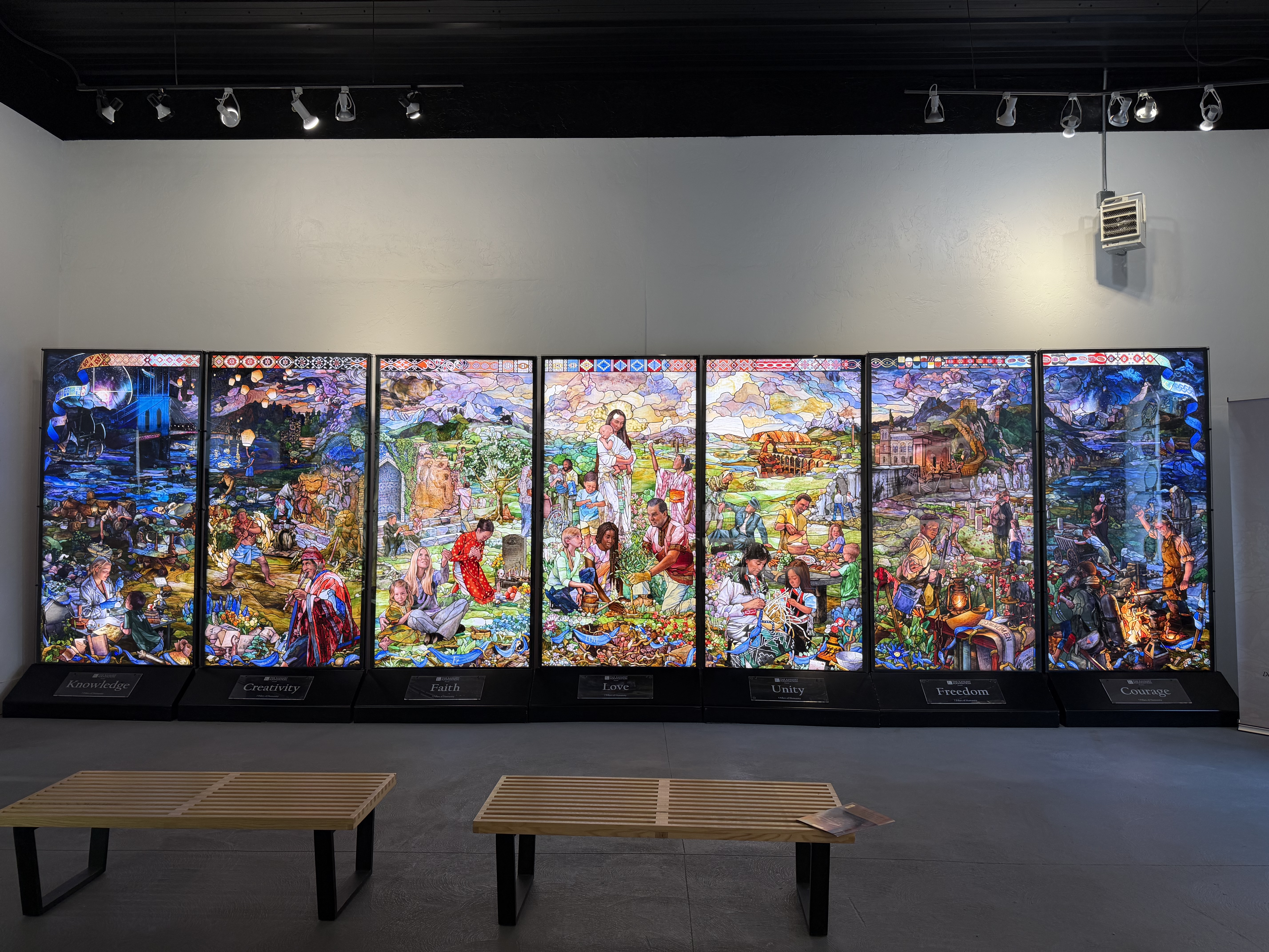 Seven panels, representing the "pillars of humanity," are on display at Holdman Studios in Lehi. The panels will be part of the Sphere of Light, a stained glass monument that will be built at Ashton Gardens.