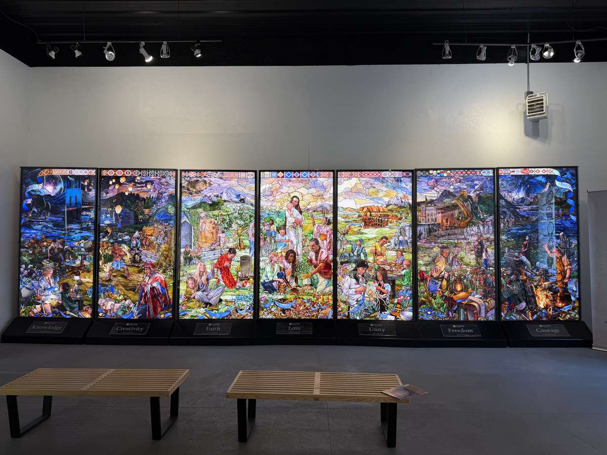 Seven panels, representing the "pillars of humanity," are on display at Holdman Studios in Lehi. The panels will be part of the Sphere of Light, a stained glass monument that will be built at Ashton Gardens.
