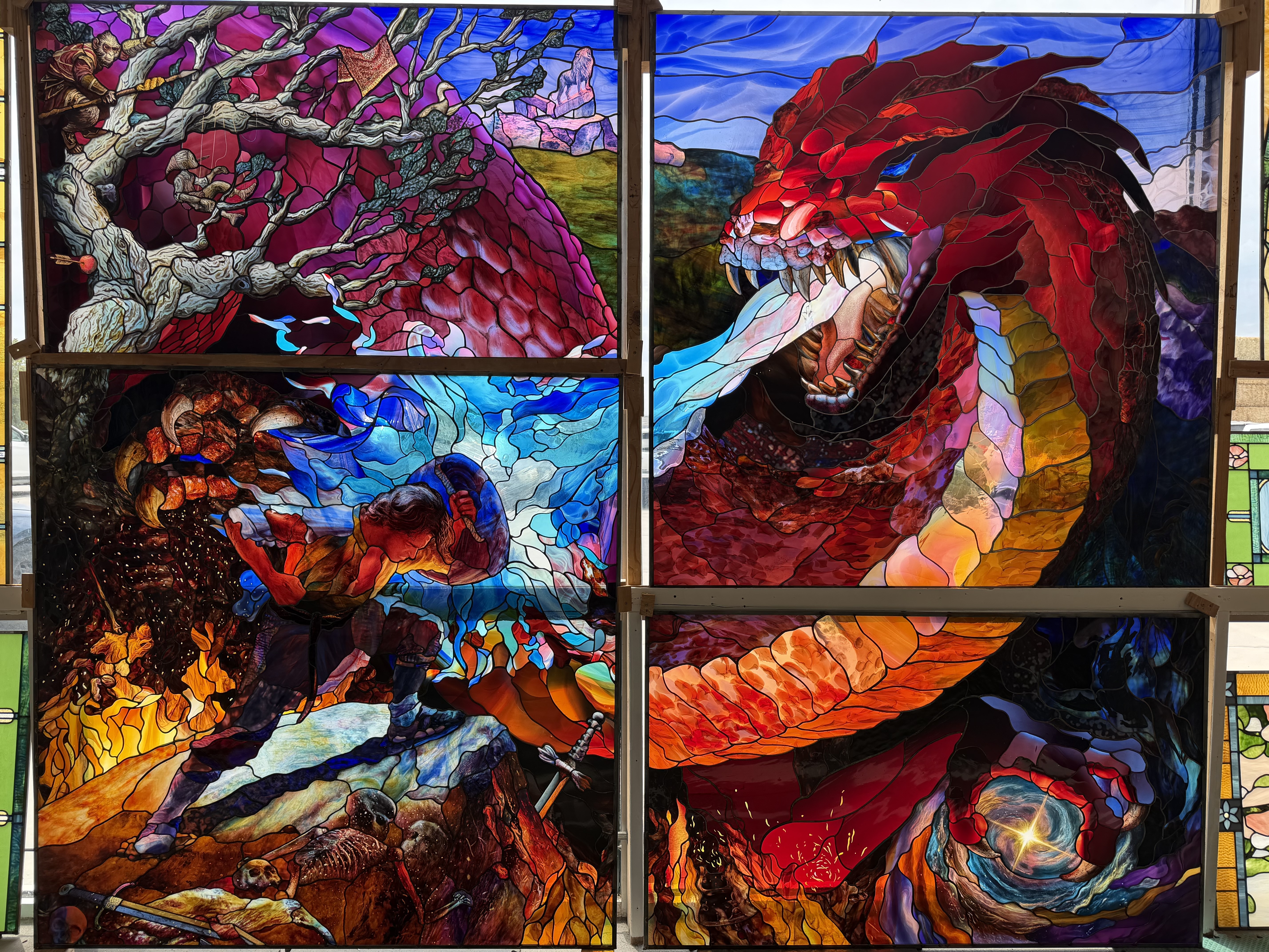 A glass art panel is on display at Holdman Studios in Lehi, Tuesday. The artwork will be part of the Sphere of Light, a stained glass monument that will be built at Ashton Gardens in Lehi.