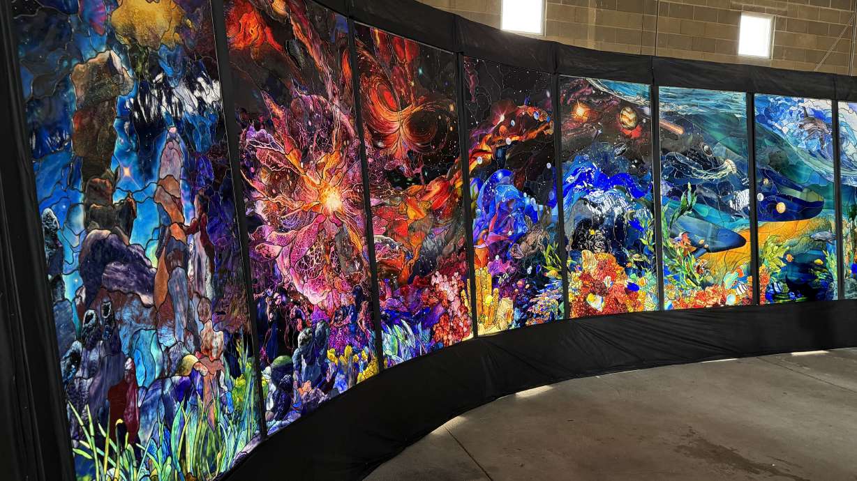Panels for the Sphere of Light, a stained glass monument that will be built in Ashton Gardens at Thanksgiving Point, are on display at Holdman Studios in Lehi on Tuesday.