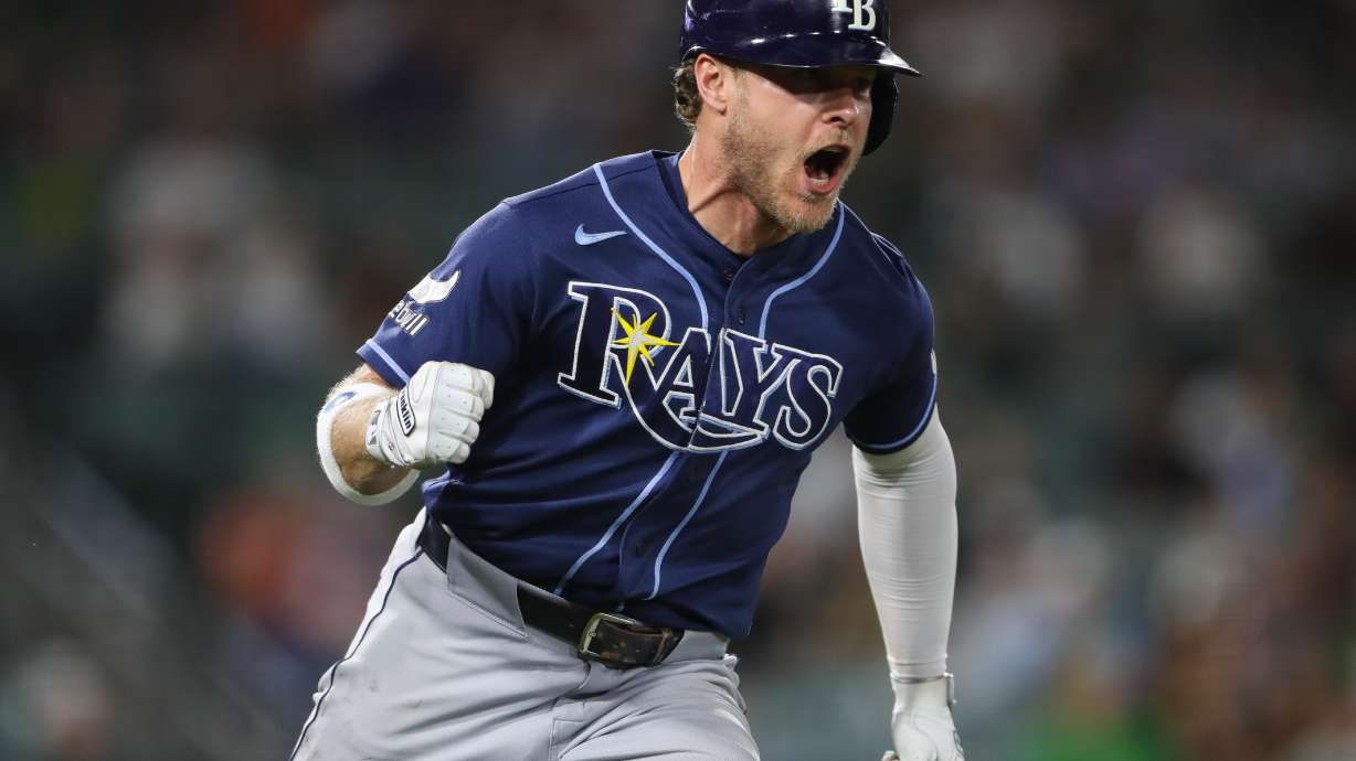 Tampa Bay Rays' Taylor Walls reacts as he heads towards first base on a two RBI single during the eighth inning of a baseball game against the Athletics Monday, Aug. 10, 2026, in West Sacramento, Calif.
