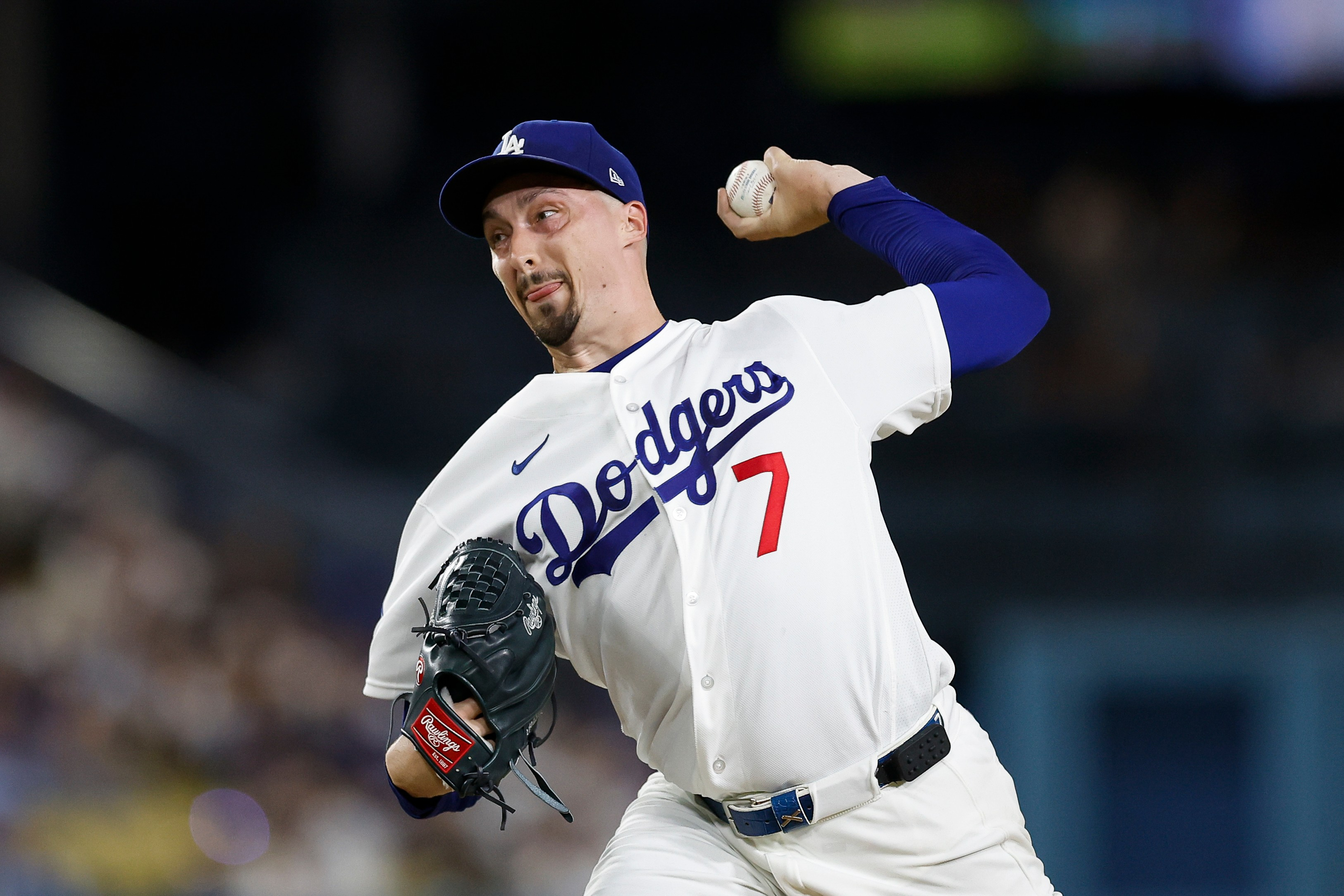 Los Angeles Dodgers starting pitcher Blake Snell (7) throws during the fifth inning of a baseball game against the Kansas City Royals, Tuesday, Aug. 11, 2026, in Los Angeles. 
