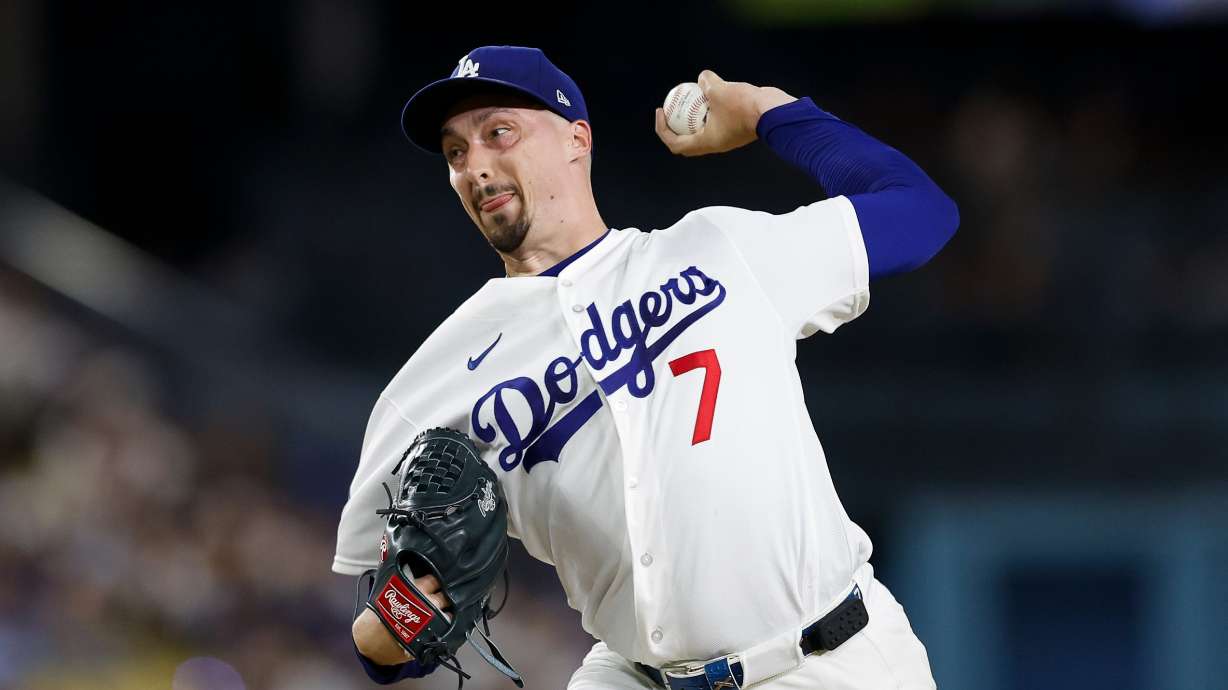 Los Angeles Dodgers starting pitcher Blake Snell (7) throws during the fifth inning of a baseball game against the Kansas City Royals, Tuesday, Aug. 11, 2026, in Los Angeles.