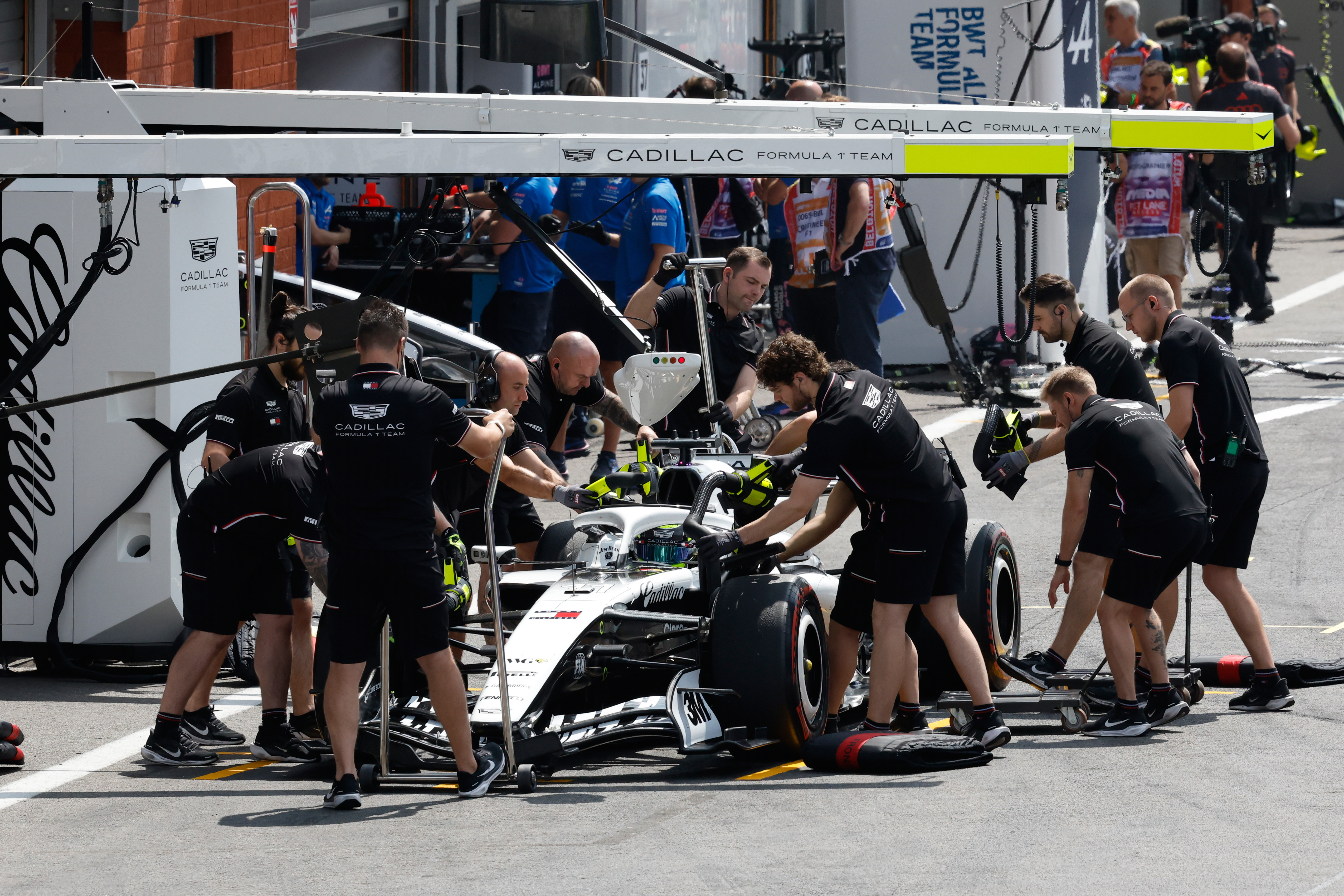 Cadillac driver Sergio Perez of Mexico pulls into the pit area during free practice ahead of the Formula One Grand Prix at the Spa-Francorchamps racetrack in Spa, Belgium, Saturday, July 18, 2026. 