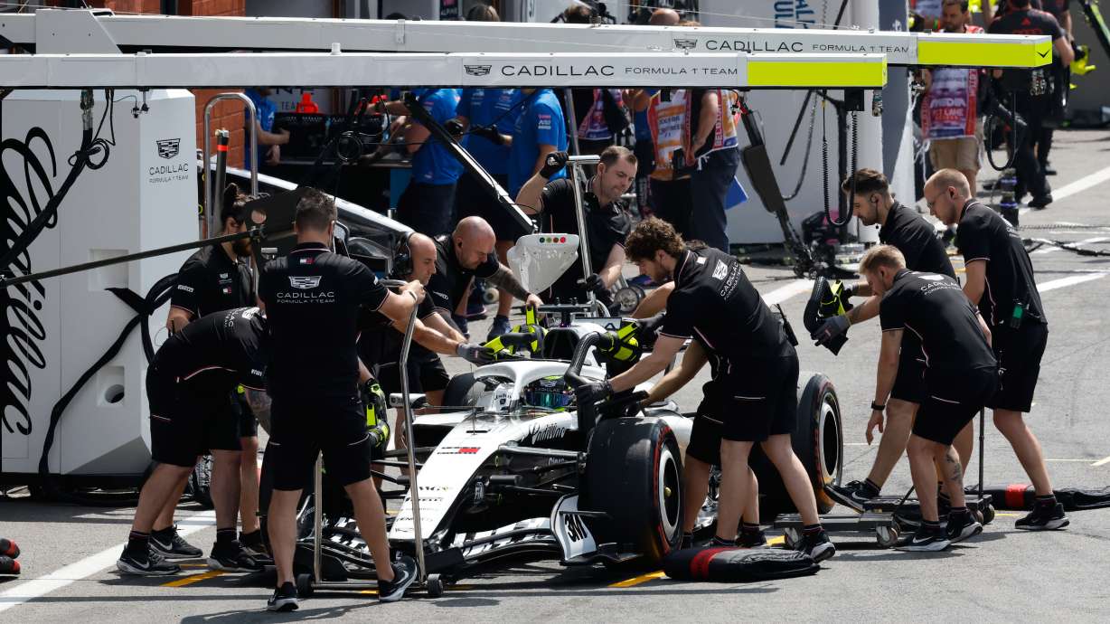 Cadillac driver Sergio Perez of Mexico pulls into the pit area during free practice ahead of the Formula One Grand Prix at the Spa-Francorchamps racetrack in Spa, Belgium, Saturday, July 18, 2026.