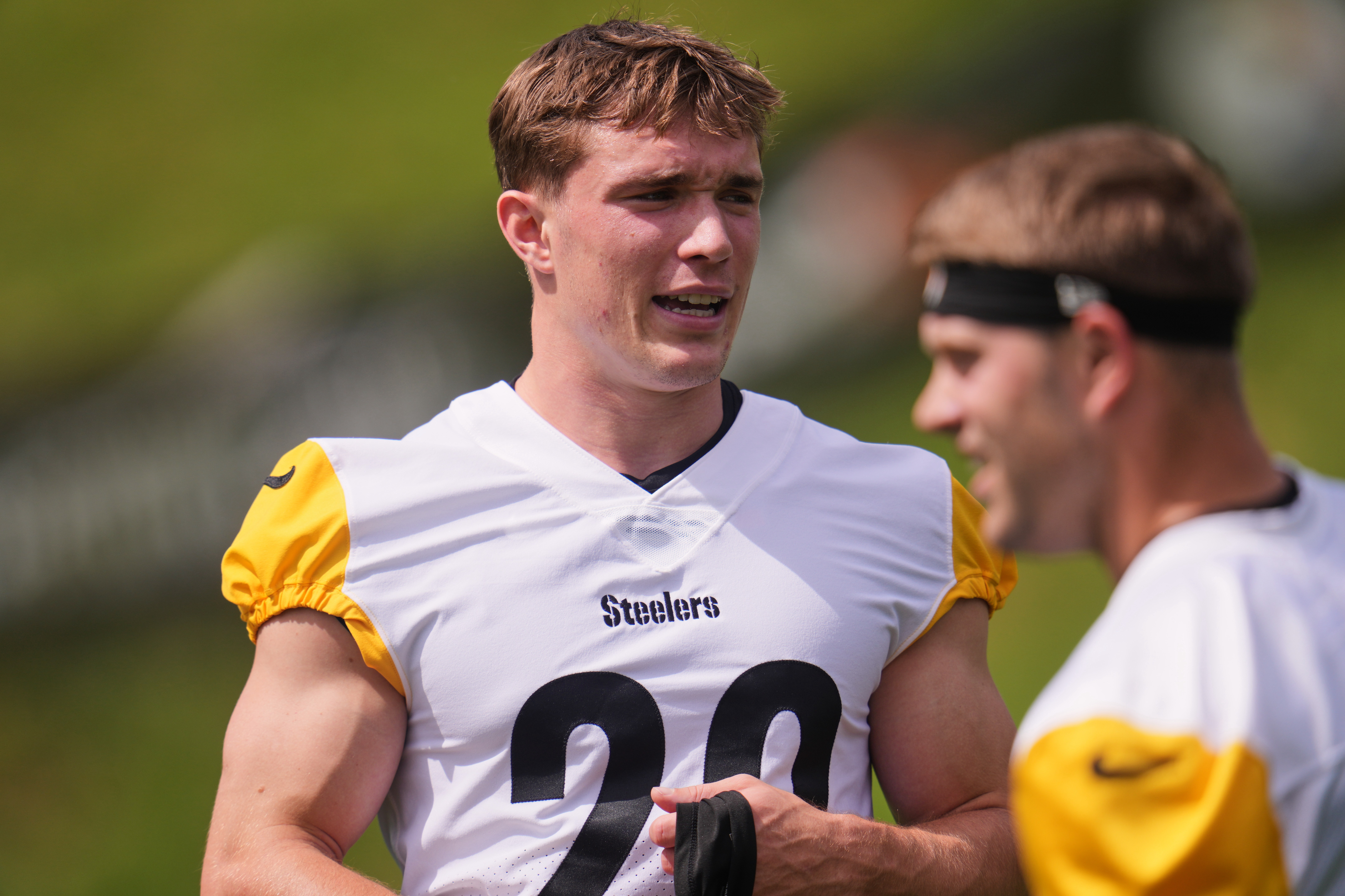 FILE - Pittsburgh Steelers Eli Heidenreich participates in the NFL team's camp in Latrobe, Pa., Wednesday, July 29, 2026. 