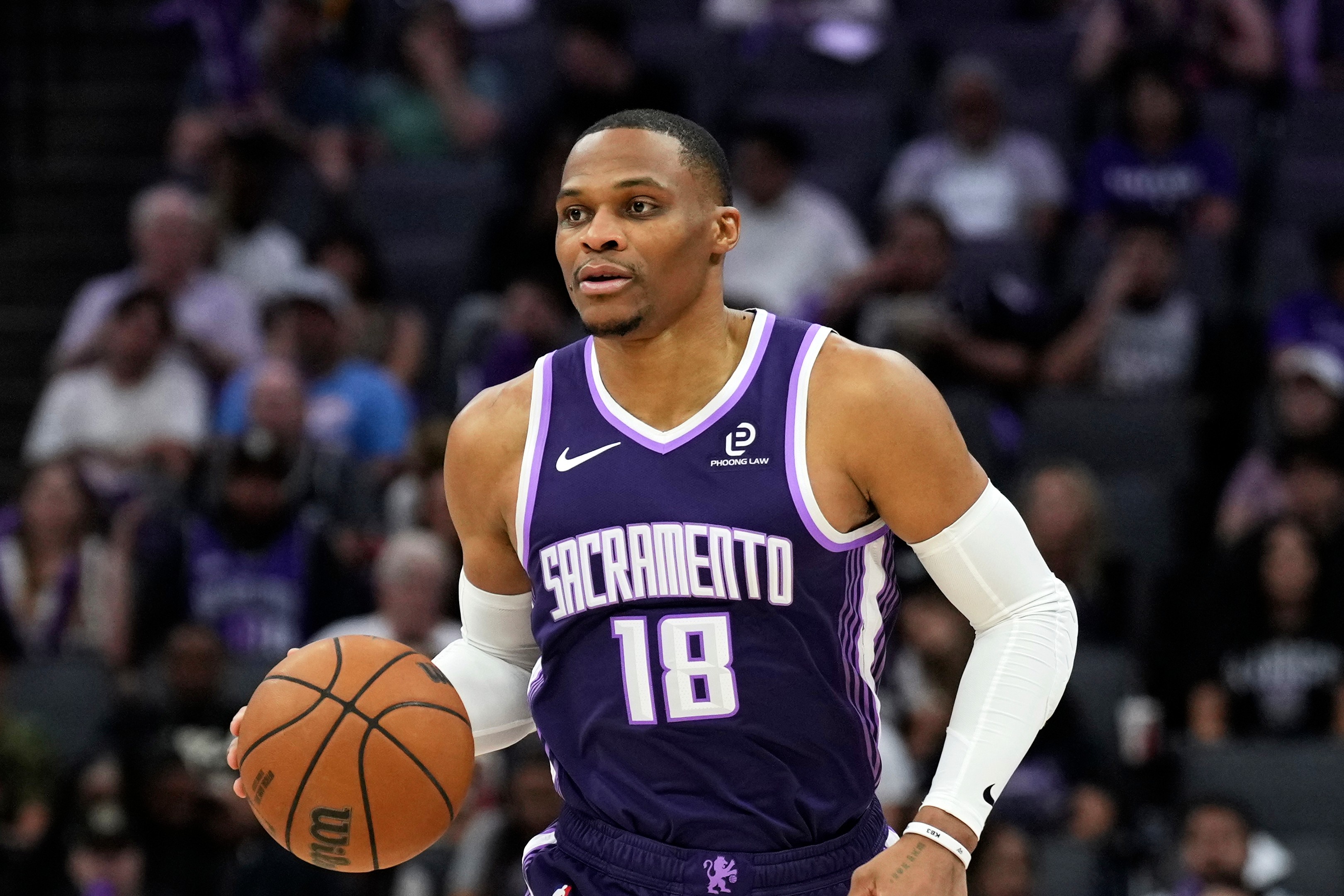 FILE - Sacramento Kings guard Russell Westbrook (18) dribbles the ball during the second half of an NBA basketball game against the Philadelphia 76ers, Thursday, March 19, 2026, in Sacramento, Calif. 