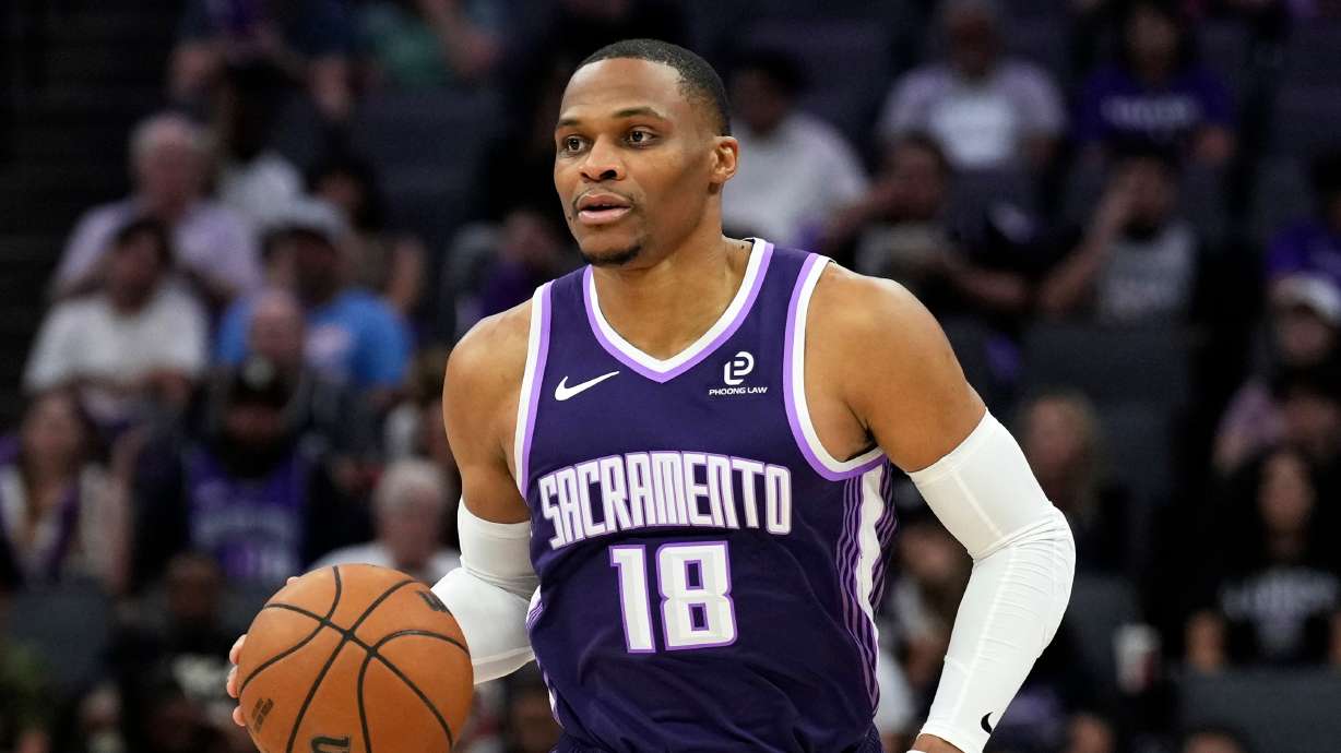 FILE - Sacramento Kings guard Russell Westbrook (18) dribbles the ball during the second half of an NBA basketball game against the Philadelphia 76ers, Thursday, March 19, 2026, in Sacramento, Calif.