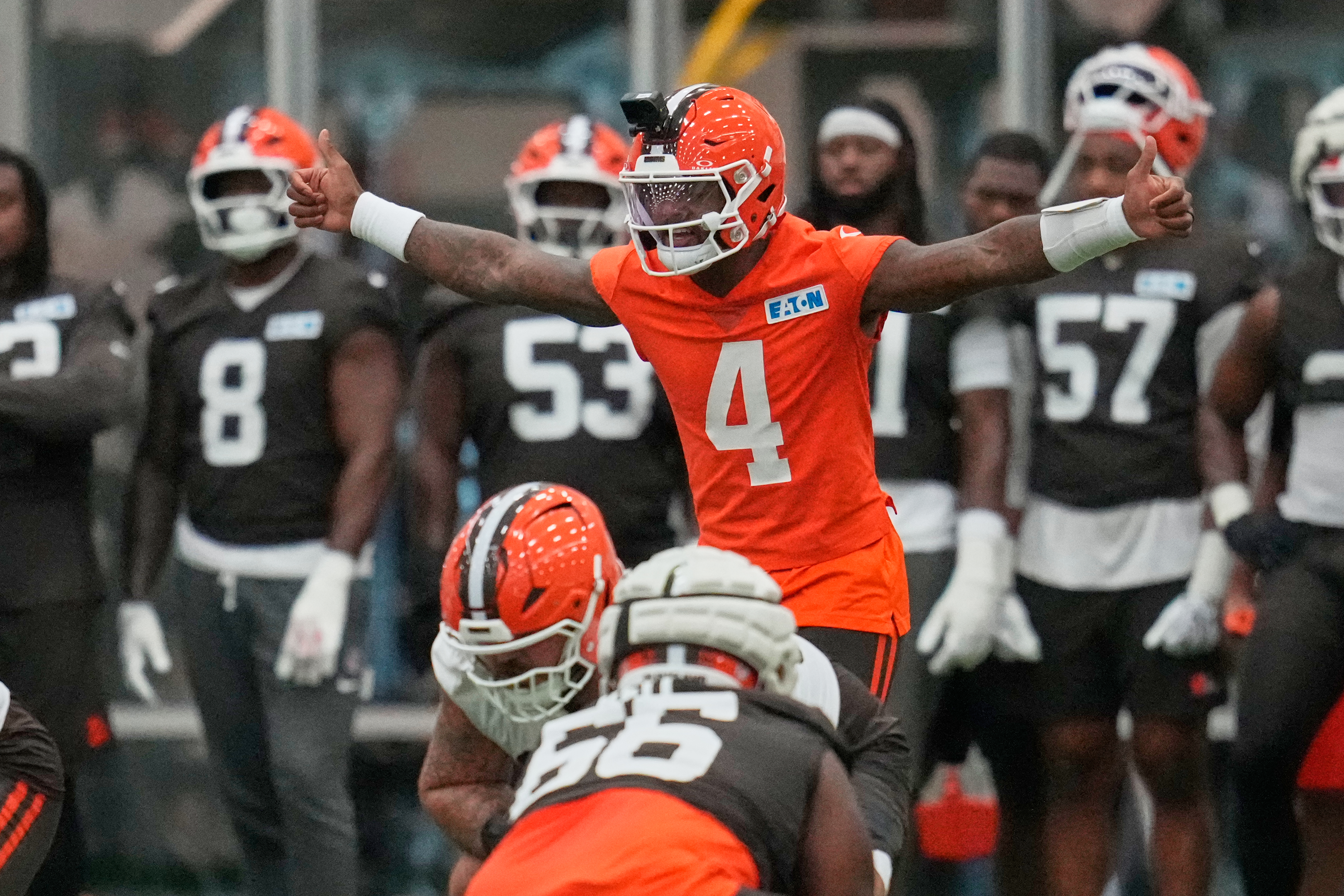 Cleveland Browns quarterback Deshaun Watson (4) during the team's NFL football training camp, Monday, Aug. 10, 2026, in Berea, Ohio. 