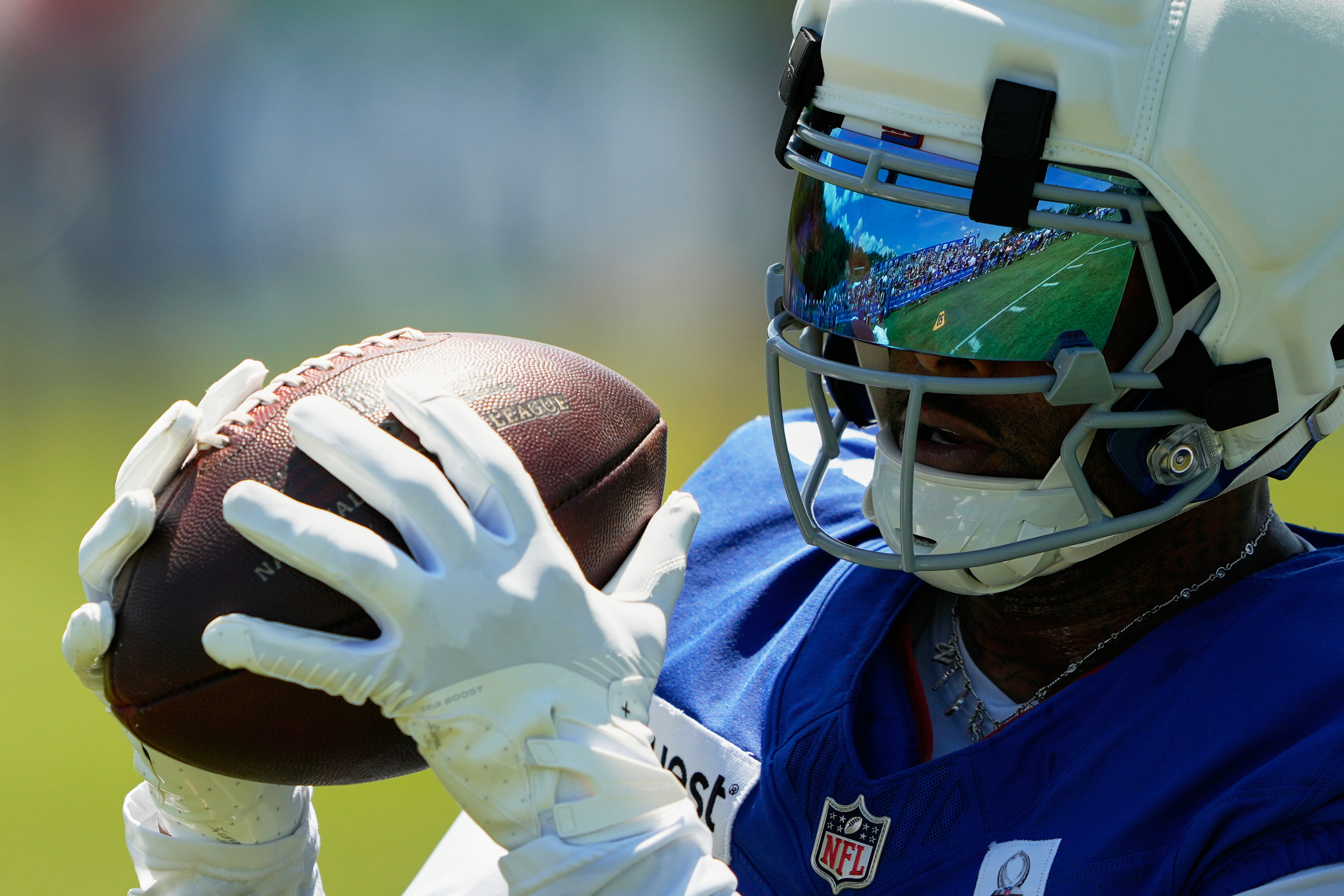 New York Giants' Odell Beckham Jr. catches a pass during an NFL football training camp, Friday, July 31, 2026, in White Sulphur Springs, W.Va. 