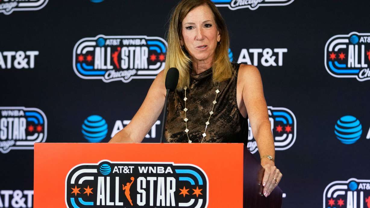 WNBA Commissioner Cathy Engelbert talks to media at a news conference before a WNBA All-Star basketball game between Team Coop and Team Spoon in Chicago, Saturday, July 25.