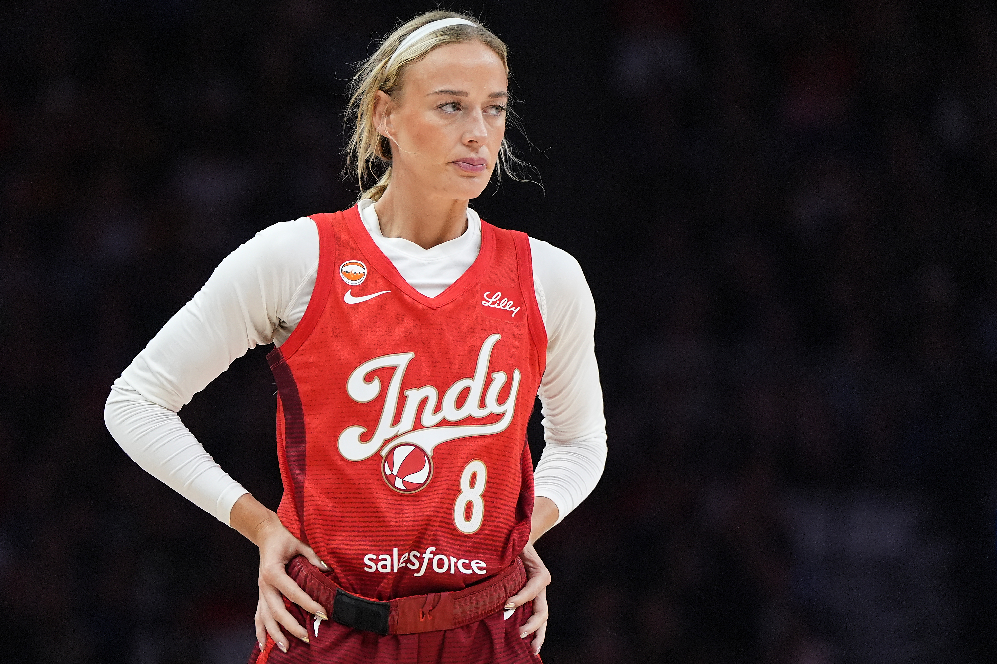 Indiana Fever guard Sophie Cunningham stands on the court during the first half of a WNBA basketball game against the Minnesota Lynx, Sunday, Aug. 2, in Minneapolis.