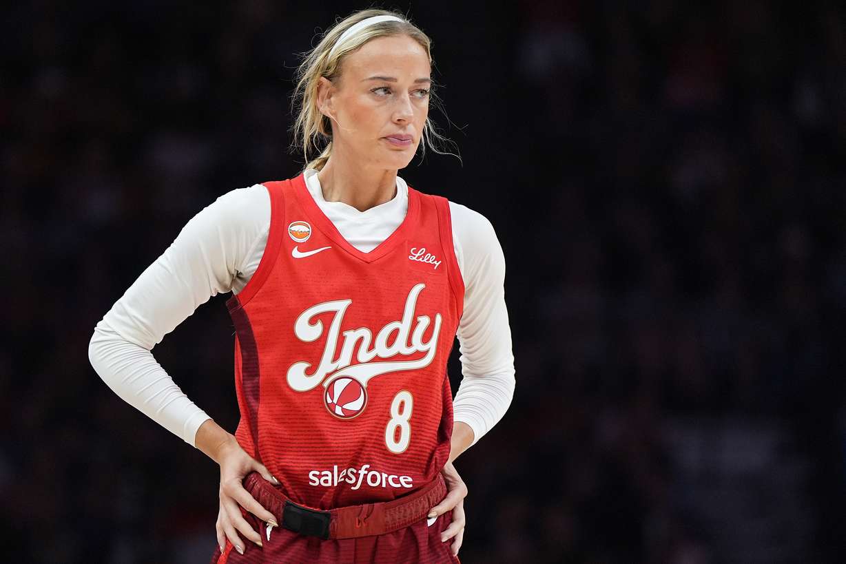 Indiana Fever guard Sophie Cunningham stands on the court during the first half of a WNBA basketball game against the Minnesota Lynx, Sunday, Aug. 2, in Minneapolis.
