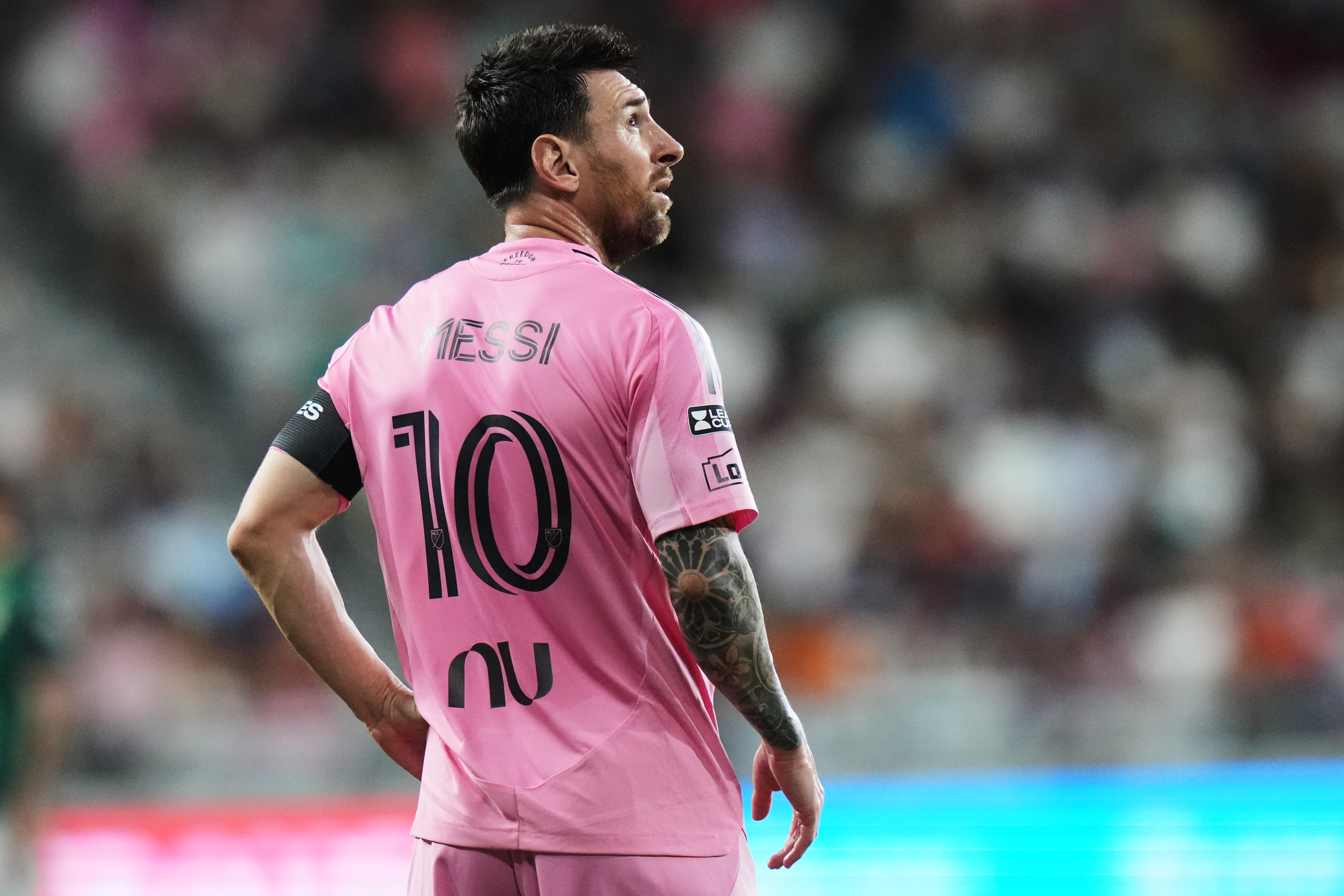 Inter Miami forward Lionel Messi (10) stands on the field during the second half of a Leagues Cup soccer match against Club León, Wednesday, Aug. 12, 2026, in Miami. 