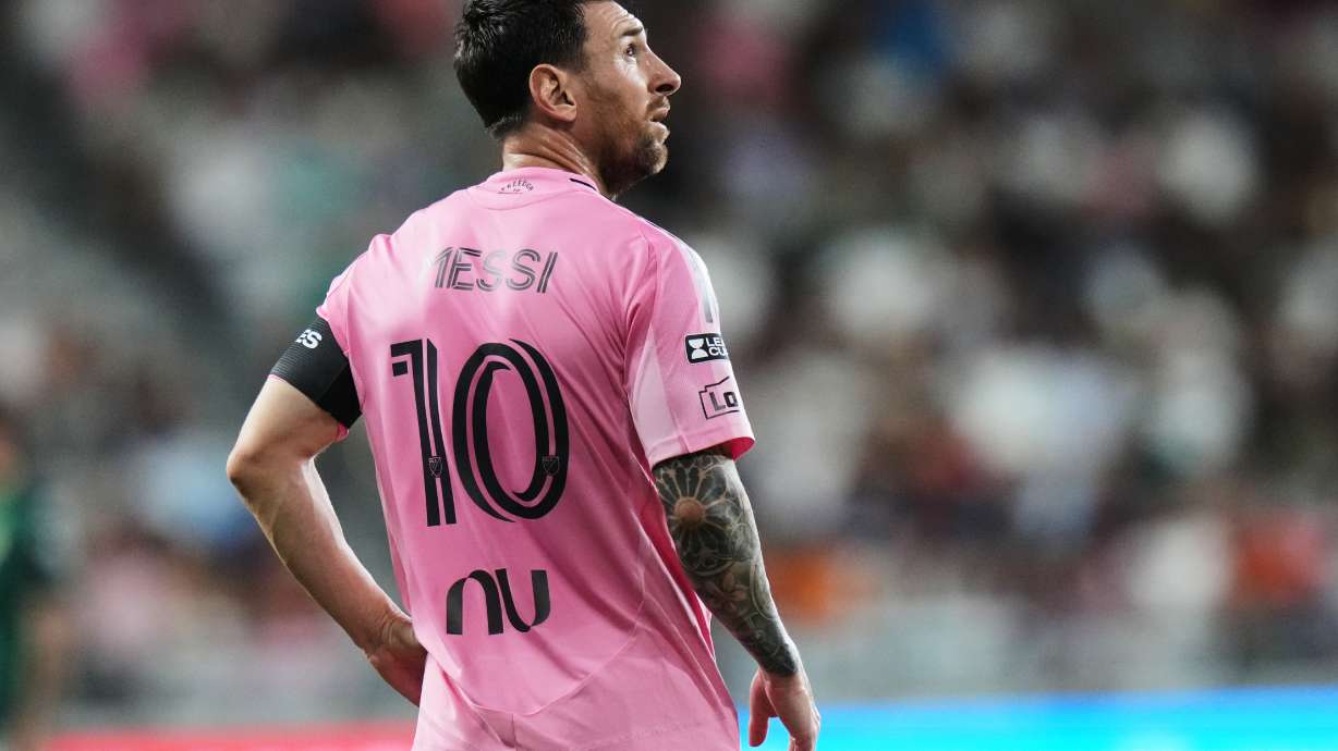 Inter Miami forward Lionel Messi (10) stands on the field during the second half of a Leagues Cup soccer match against Club León, Wednesday, Aug. 12, 2026, in Miami.