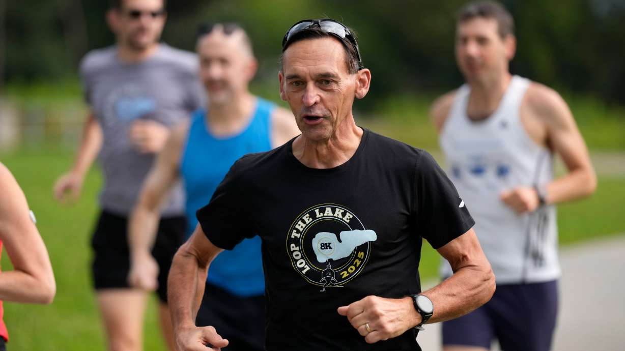 Paul Grinvalds, of West Des Moines, Iowa, runs with the Raccoon River Running Club, Sunday, Aug. 9, 2026, in West Des Moines, Iowa.