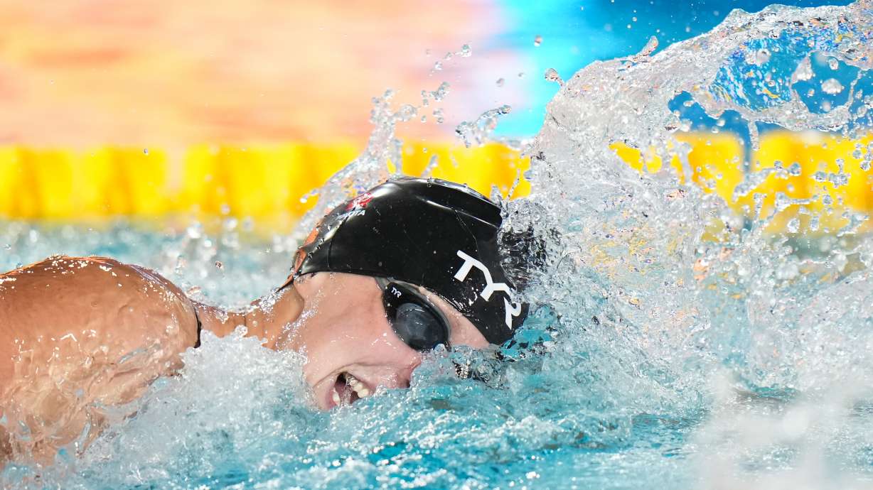 Katie Ledecky, of the United States, competes in the women's 1500-meter freestyle final at the Pan Pacific Swimming Championships in Irvine, Calif., Wednesday, Aug. 12, 2026.