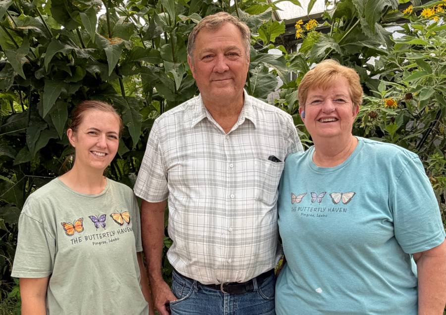 The Reed family: Savannah Newsome, Randy Reed and Karen Reed, at The Butterfly Haven in Pingree, Idaho, Wednesday. Newsome co-owns the haven with the Reeds, who are her parents.