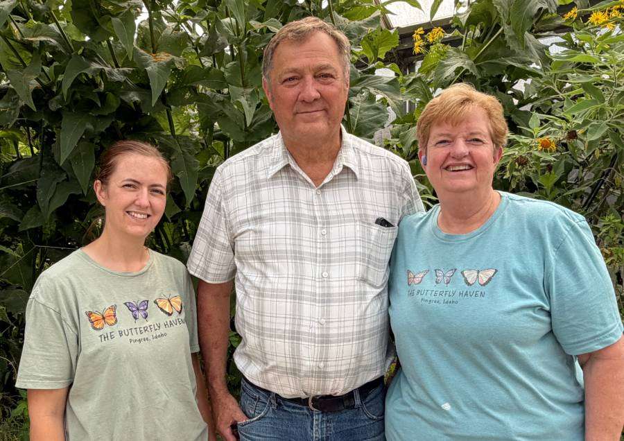 The Reed family: Savannah Newsome, Randy Reed and Karen Reed, at The Butterfly Haven in Pingree, Idaho, Wednesday. Newsome co-owns the haven with the Reeds, who are her parents.