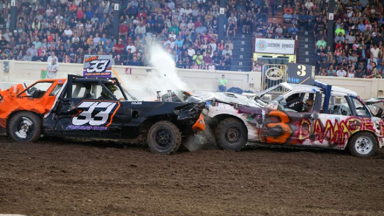 Two cars collide during 2025's Demolition Derby at the Eastern Idaho State Fair in Blackfoot. The annual September Slam draws drivers and spectators from throughout the region, but a lot goes on behind the scenes before it.