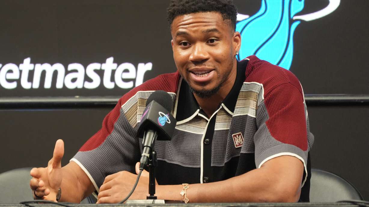 Giannis Antetokounmpo speaks during a news conference where he was introduced as a new member of the Miami Heat team Thursday, July 16, 2026, in Miami.