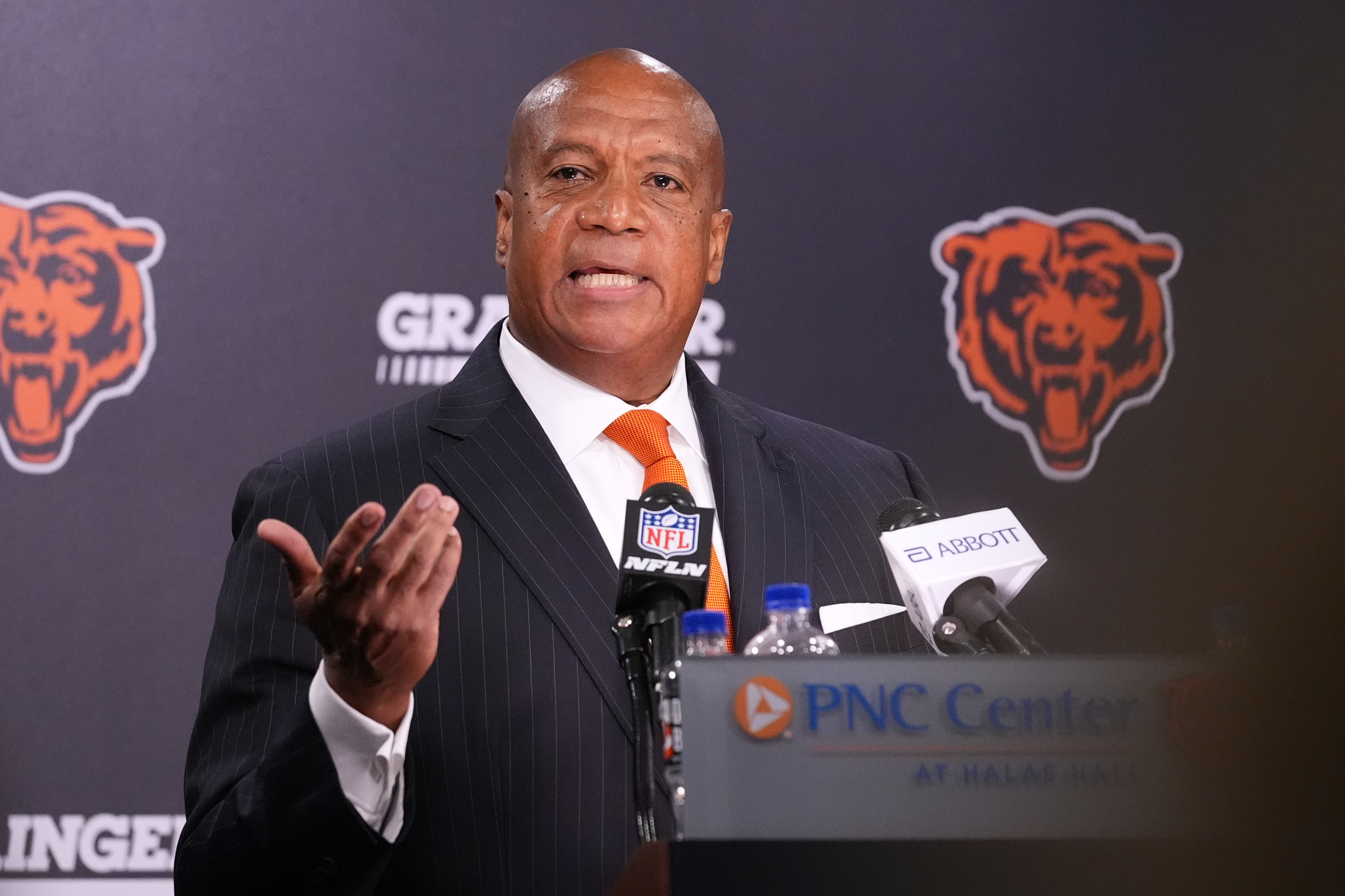 Chicago Bears President and CEO Kevin Warren addresses the team's ongoing stadium plans during a news conference Thursday, Aug. 13, 2026, in Lake Forest, Ill. 