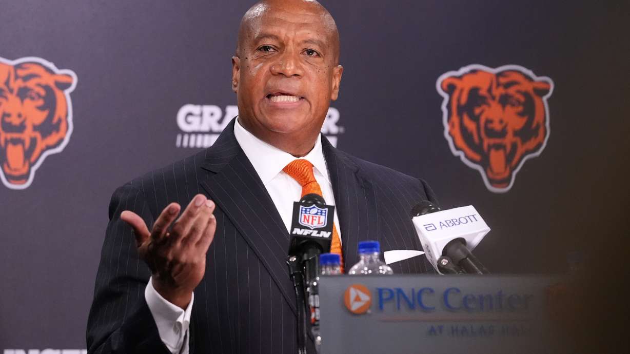 Chicago Bears President and CEO Kevin Warren addresses the team's ongoing stadium plans during a news conference Thursday, Aug. 13, 2026, in Lake Forest, Ill.