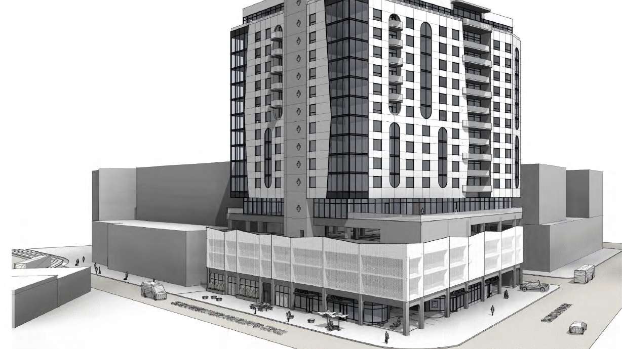 A rendering of the proposed GEM Sugar House along Highland Drive in Salt Lake City's Sugar House neighborhood. The city's planning commission approved the project but lowered its maximum height after determining that it didn't meet requirements.
