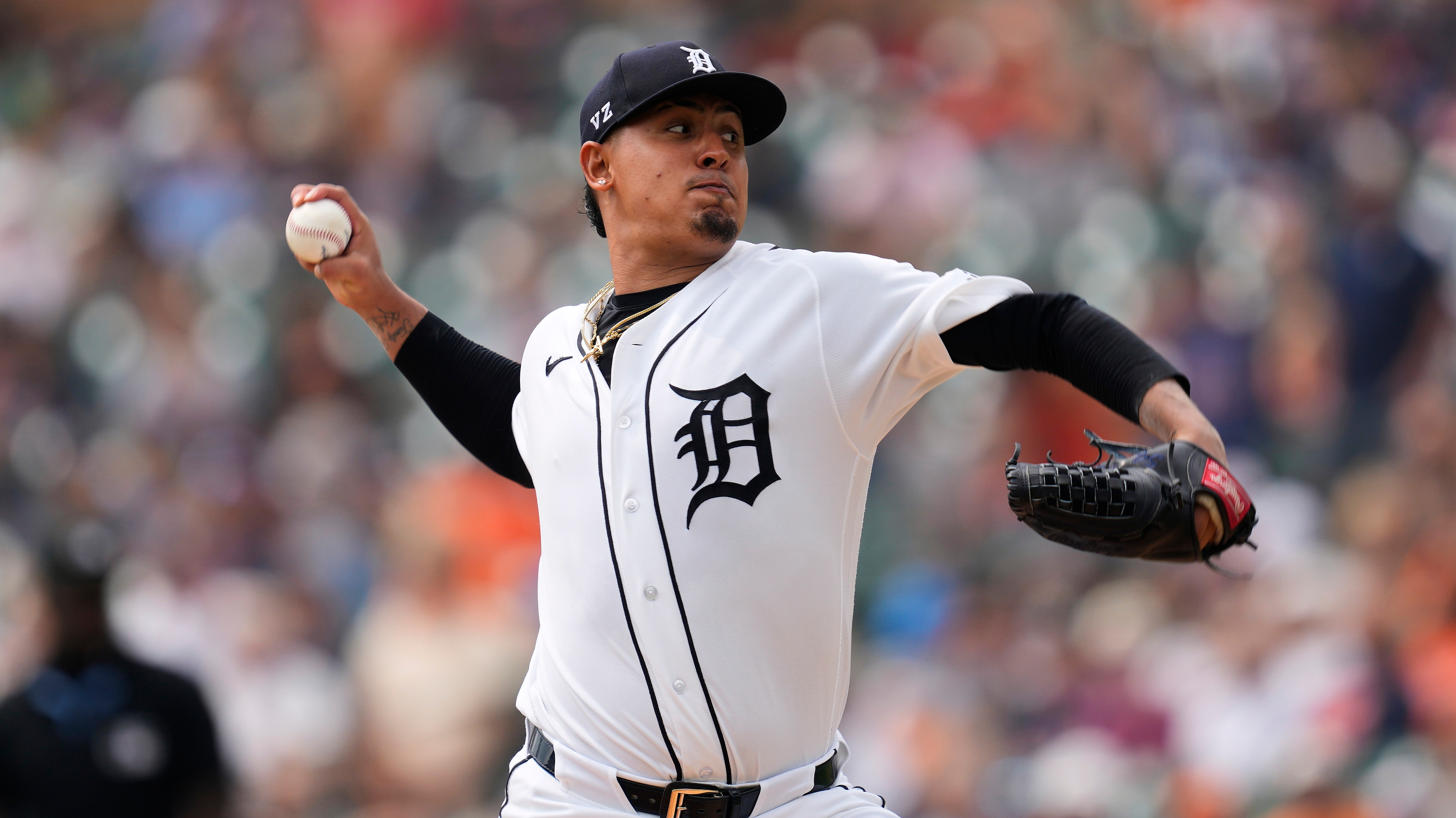 Detroit Tigers pitcher Keider Montero throws against the Cleveland Guardians during the first inning of a baseball game Thursday, Aug. 13, 2026, in Detroit. 